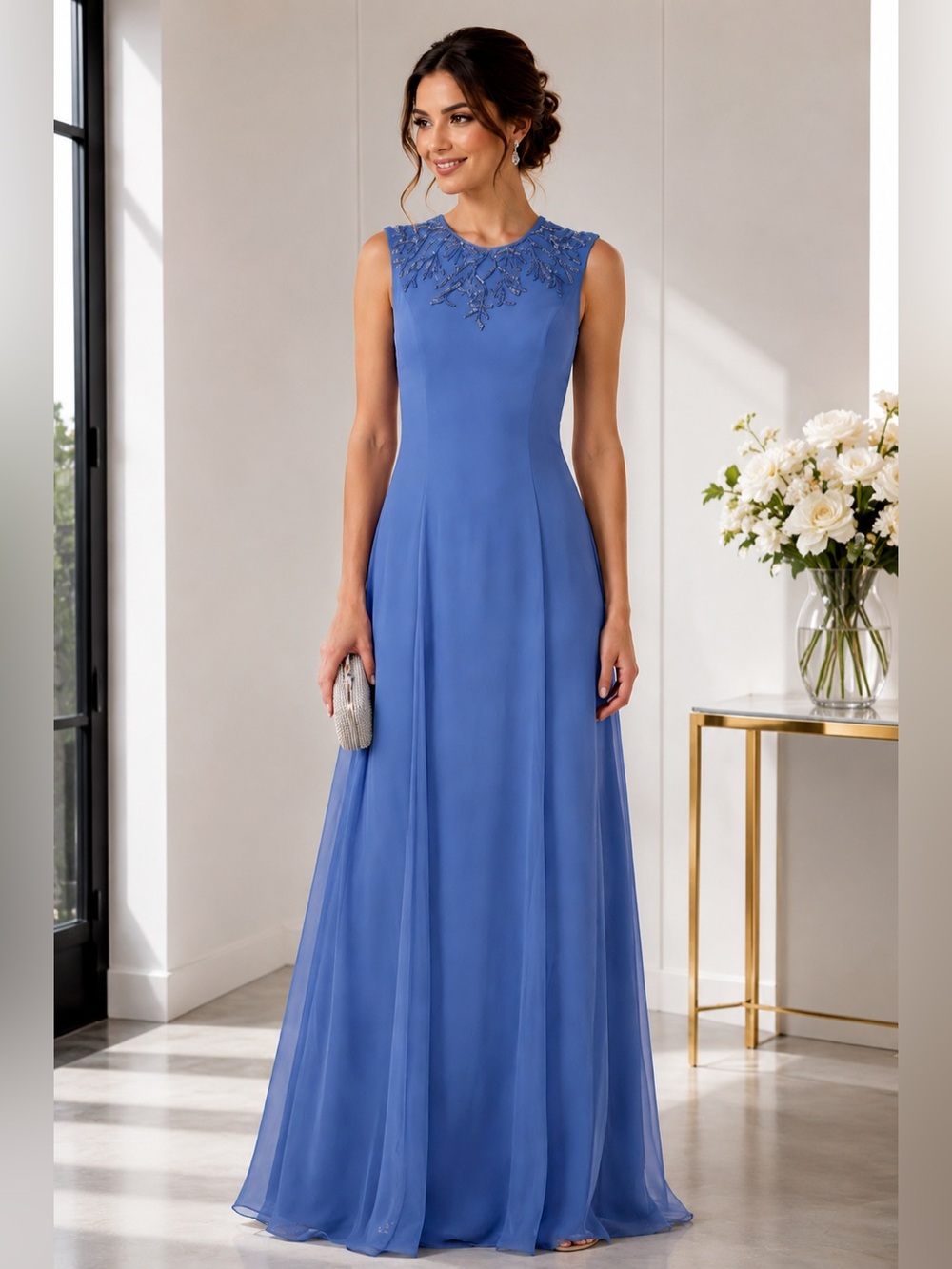 JS Collections Womens Emma Faux Chiffon Beaded Formal Evening Dress Gown
